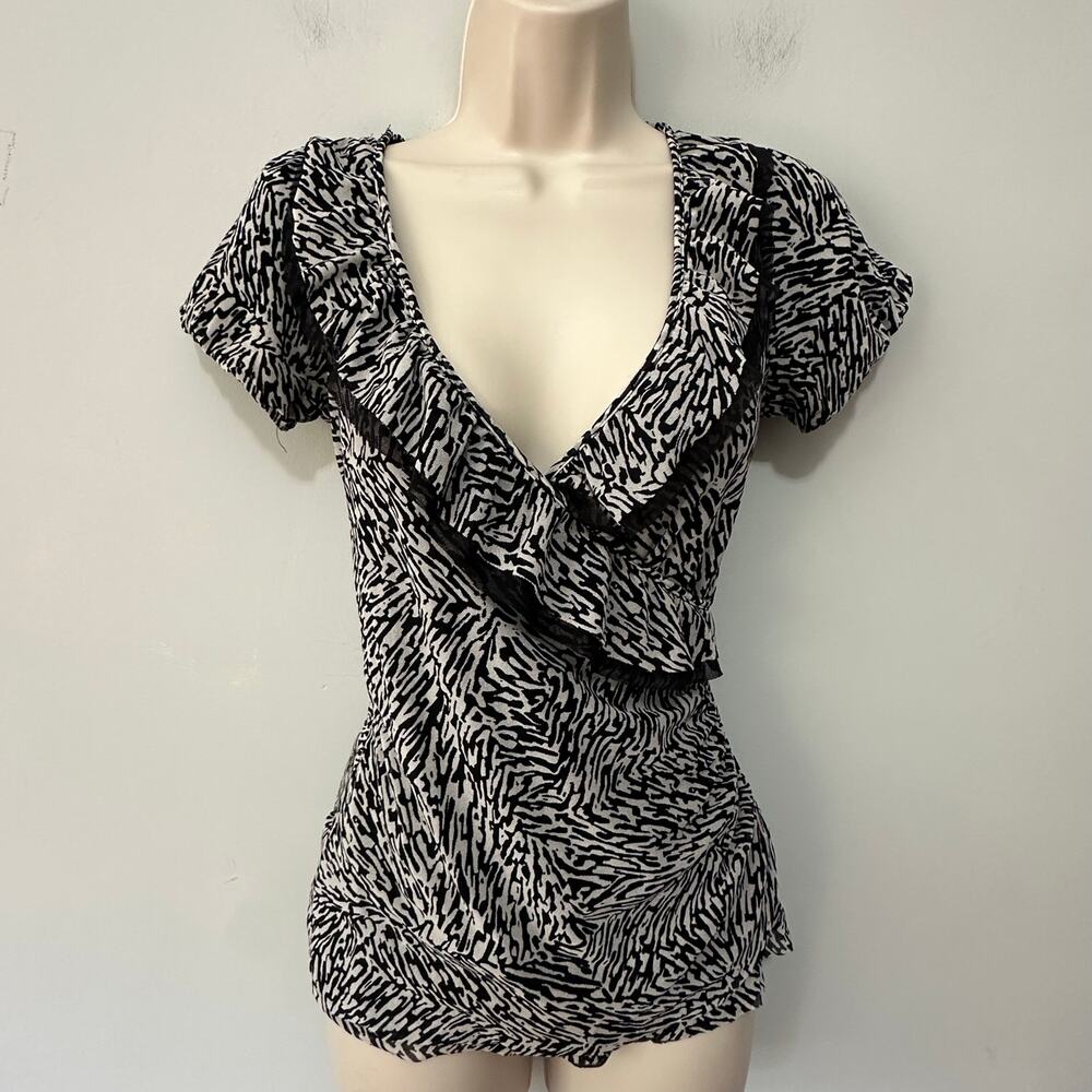 Vintage The Limited Top Womens Small Zebra Ruffle Deep V Neck Y2K Indie Sleeze